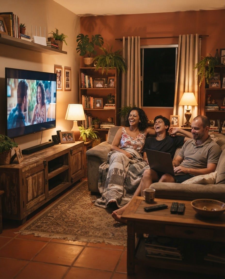 Família reunida em casa usando a internet, com a GoFibra Telecom em Serra